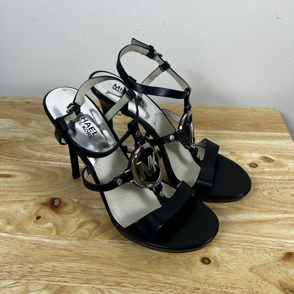 Michael Kors Melodie Sandal Womens 6.5M Black Leather Strappy Stiletto Heel